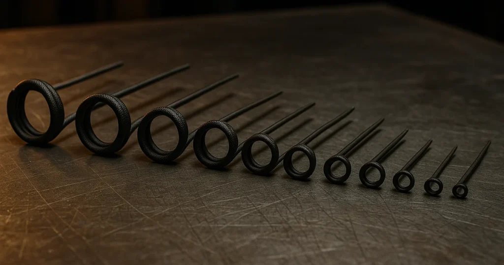 The eight iDuctor heating coils from M8 to M30 side by side, ordered by size